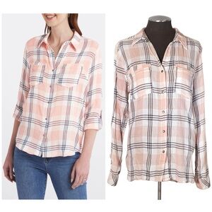 Kut from the Kloth – Shirred Cotton Blend Plaid Button-Down Shirt – Large